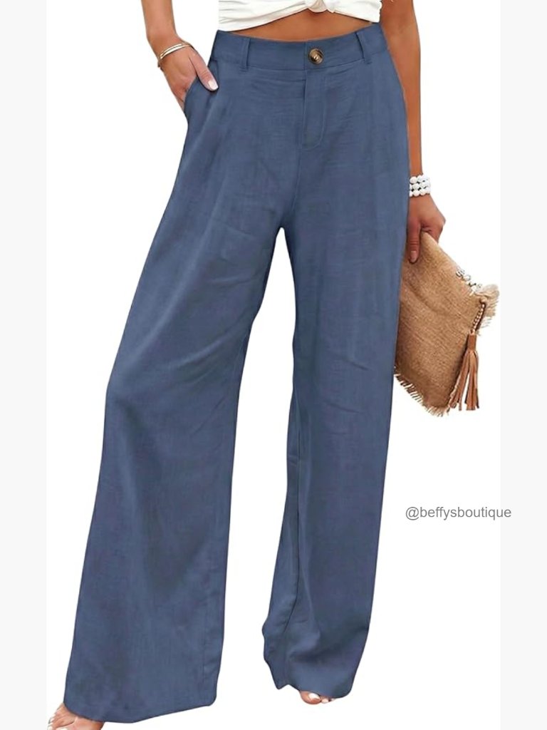 High Waisted Wide Leg Linen Blend Trousers Casual Button Front Pants